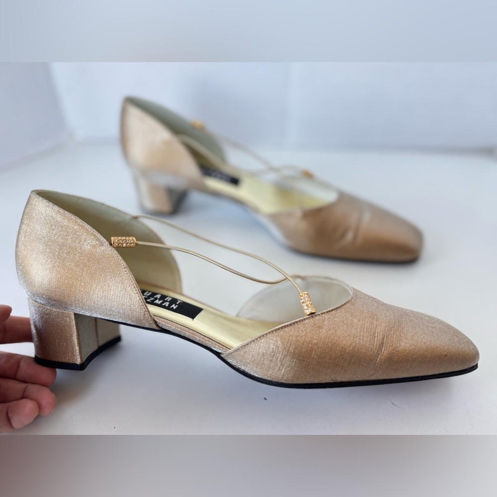 Vintage 90s Stuart Weitzman Champagne Gold Satin Strappy Pumps Stone Detail 8 AA
